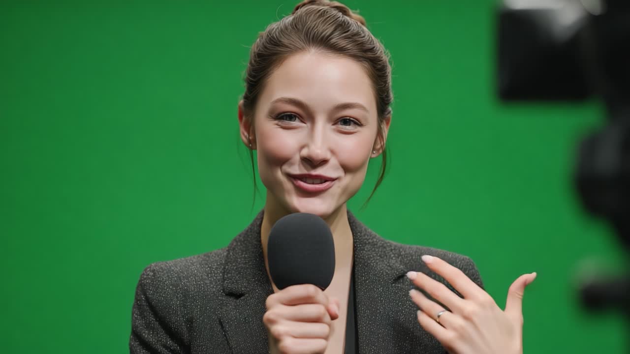 A Dynamic Presenter Engaging with the Audience, Radiating Confidence and Joy While Holding a Microphone Against a Green Screen Background