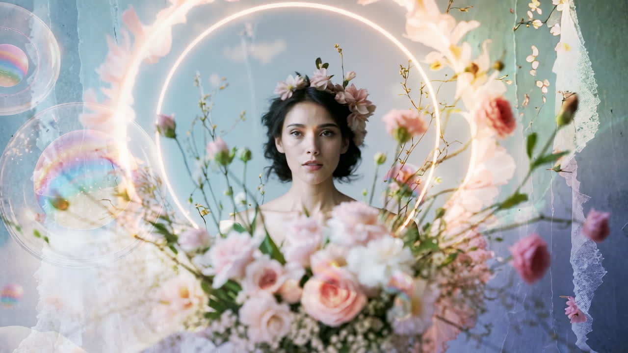 Donna eterea con bouquet floreale e anello luminoso