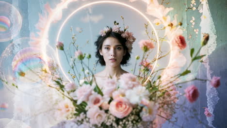ethereal woman with floral bouquet and glowing ring