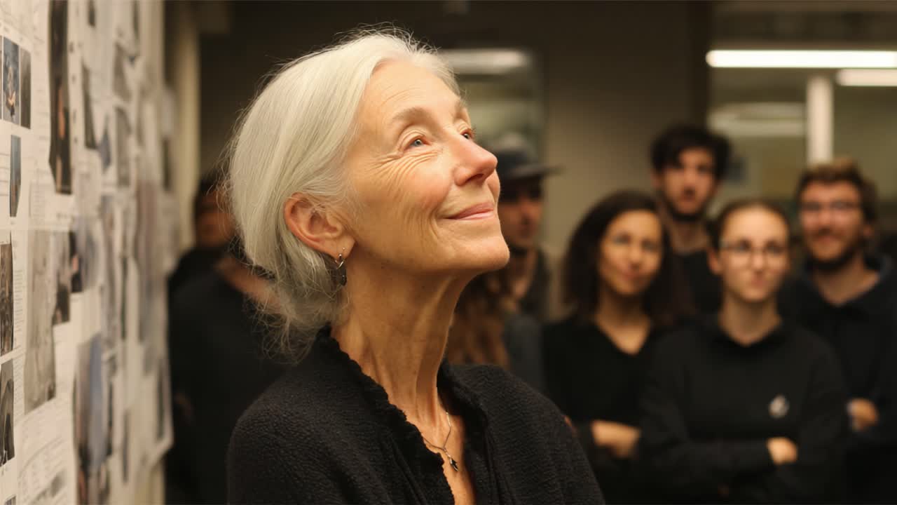 A Moment of Reflection: A Mature Woman in Awe Amid a Group of People, Gazing at a Wall of Visuals with a Look of Contentment and Intrigue