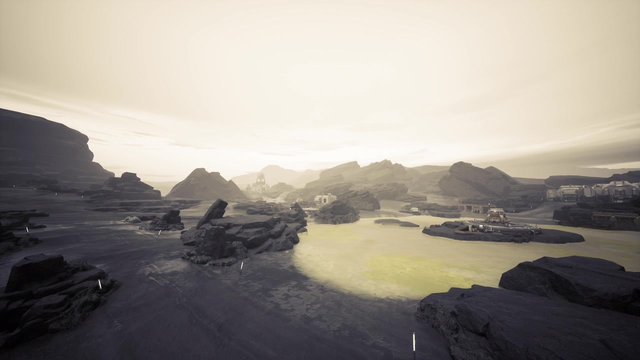 Golden sunrise over rugged terrain aerial view of rocky desert and pools