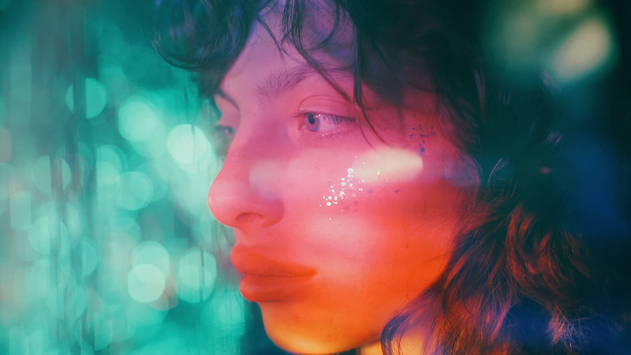 Close Up of Girl with Glitter Makeup in Neon Blue and Pink Lights
