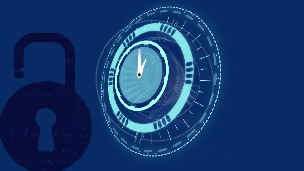 Animation of clock moving fast over online security padlock on blue background