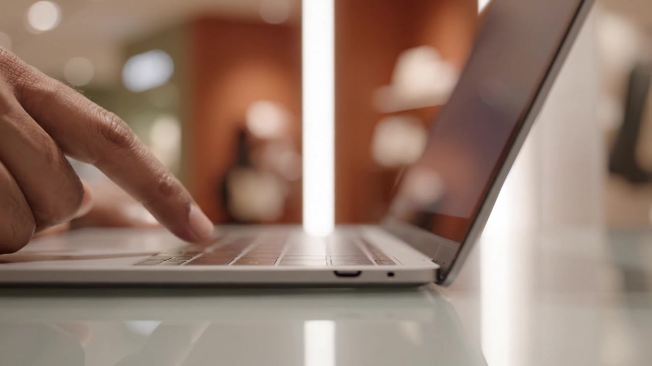 Interazione digitale: Primo piano di un dito che digita su una tastiera di laptop in un ambiente moderno, illuminato delicatamente, con uno sfondo sfocato