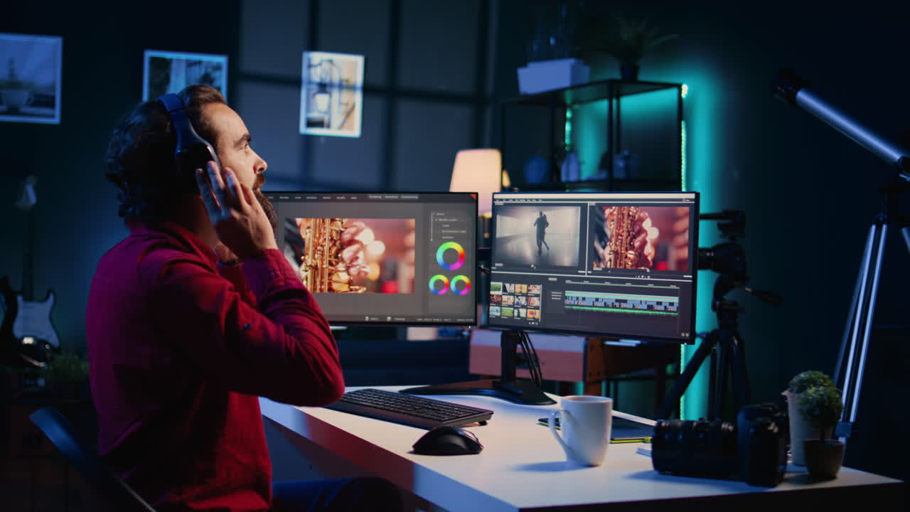 Videographer uses software to create visual effects for video projects while relaxing with music