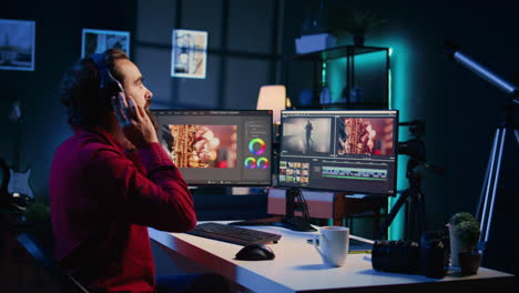 El-Camarógrafo-Utiliza-Software-Para-Crear-Efectos-Visuales-Para-Proyectos-De-Vídeo-Mientras-Se-Relaja-Con-Música.