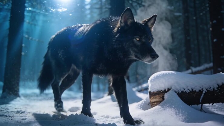 Gran lobo oscuro caminando por un bosque nevado, la cámara lo sigue, explorando más allá de un tronco con niebla.
