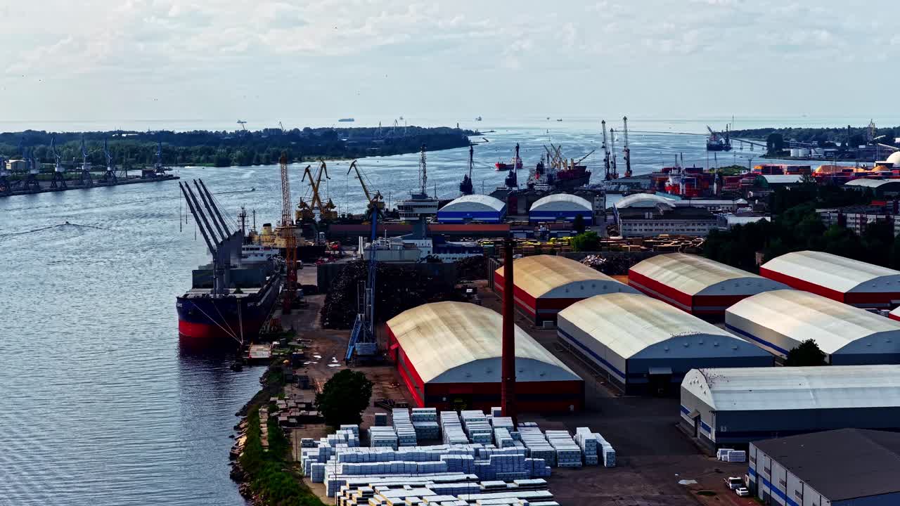 Freeport Riga Latvia Baltic Sea ferry cargo transport terminal industrial area, aerial drone