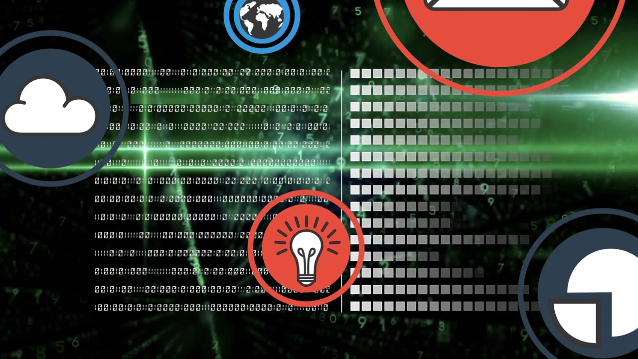 Animation of digital interface and falling icons over dark background