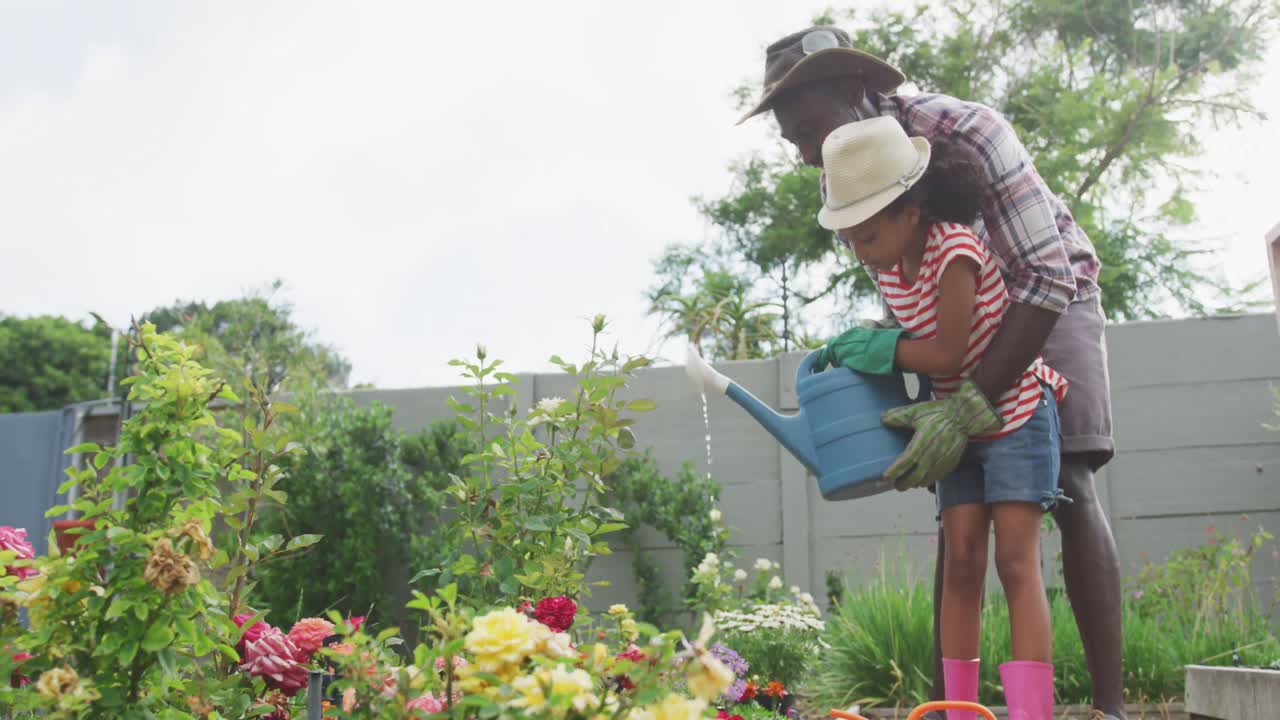 African american father and daughter watering plants
