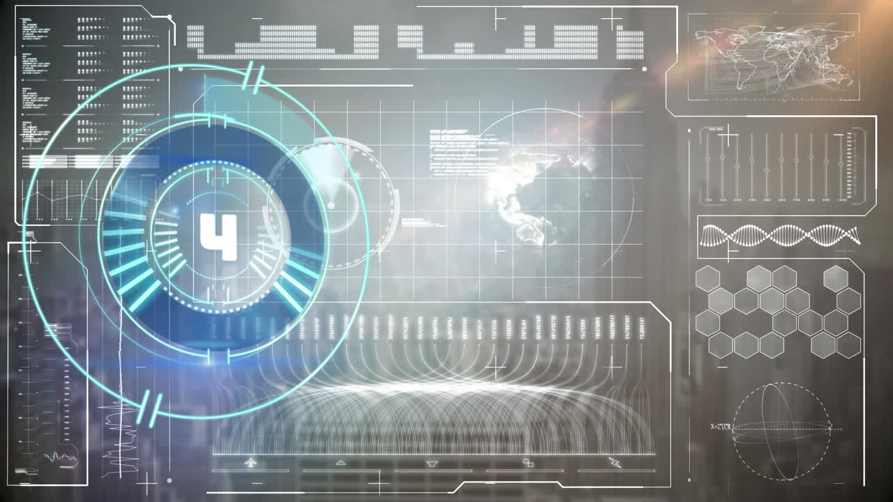 Animation of scope scanning and data processing over cityscape