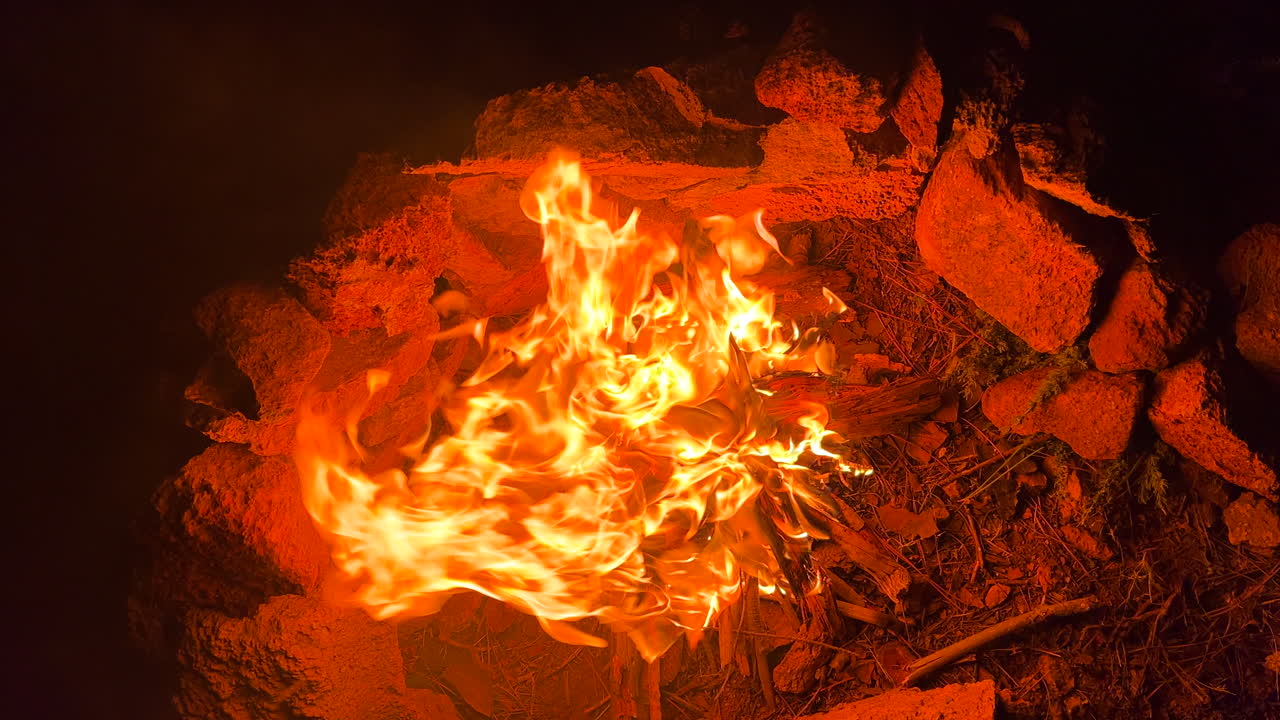 뜨거운 불꽃으로 캠프 불을 태우고, 불타는 나무 막대기와 나무 어리, 숲과 자연 캠핑 여행, 4k