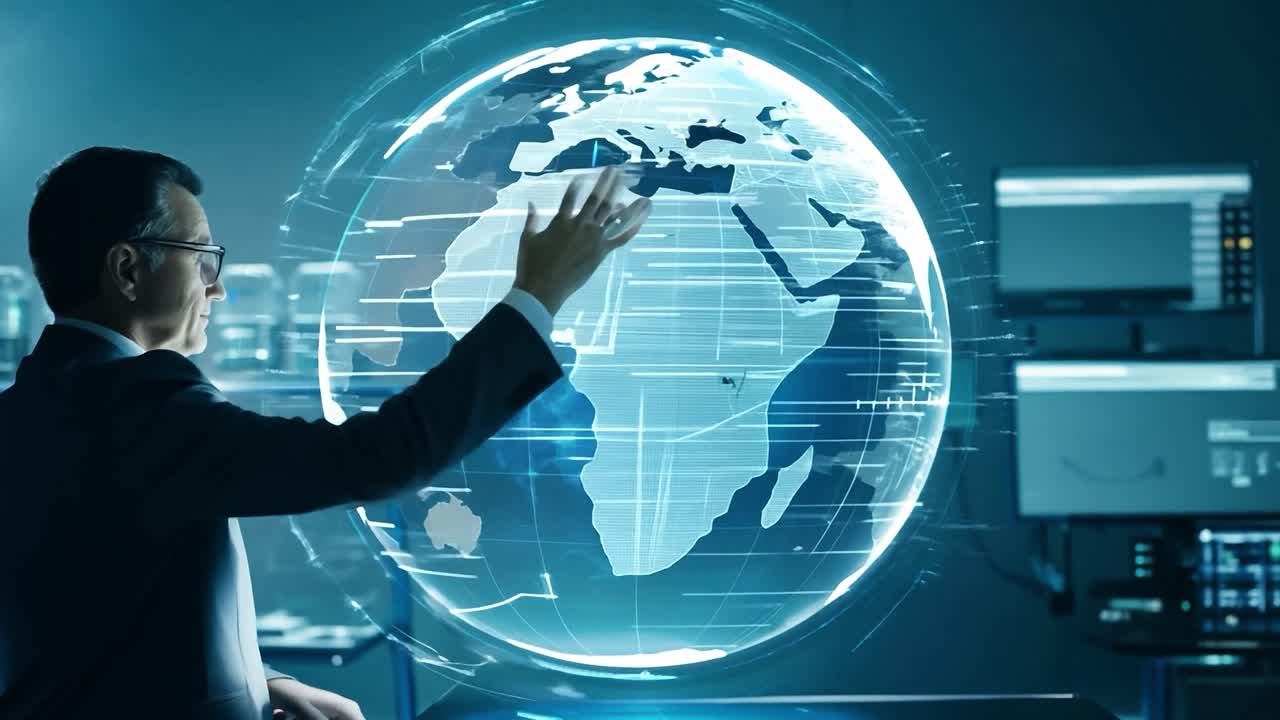 Man Looking at a Digital Globe in a Data Center