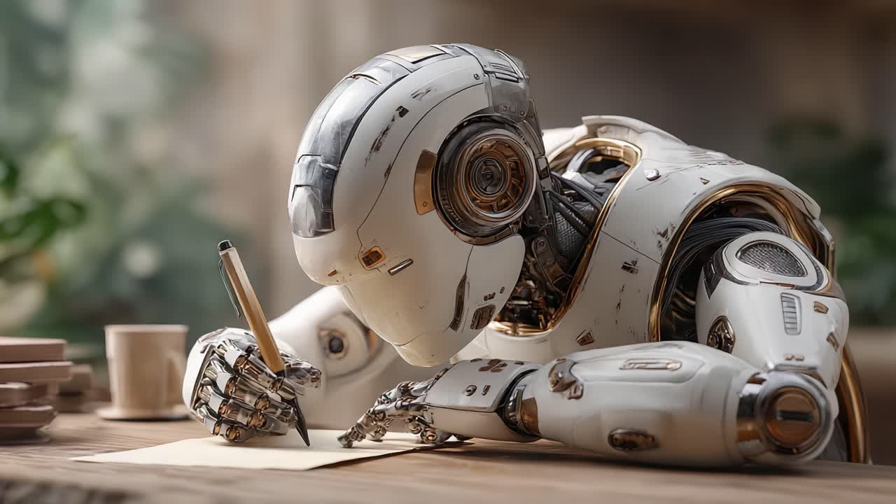 Un robot futuristico intento a scrivere: Esplorare l'intersezione tra tecnologia e creatività in un ambiente di lavoro moderno
