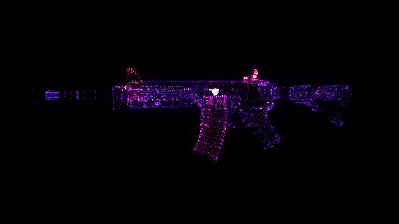 rifle automático rgb holograma wireframe. buena animación 3d en un fondo negro con un bucle sin costuras para proyectos futurísticos