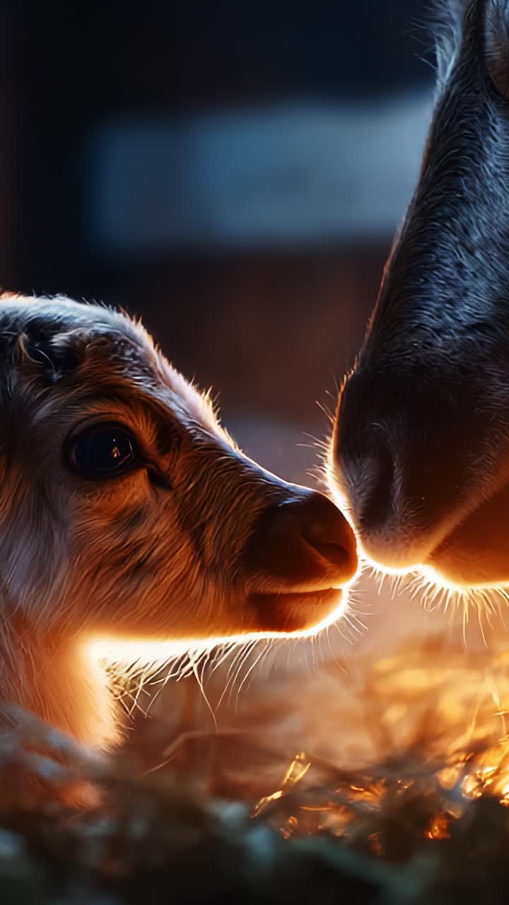 Un momento toccante tra un giovane vitello e sua madre in una stalla calda e accogliente, catturato dalla luce soffusa e dall'ambiente naturale