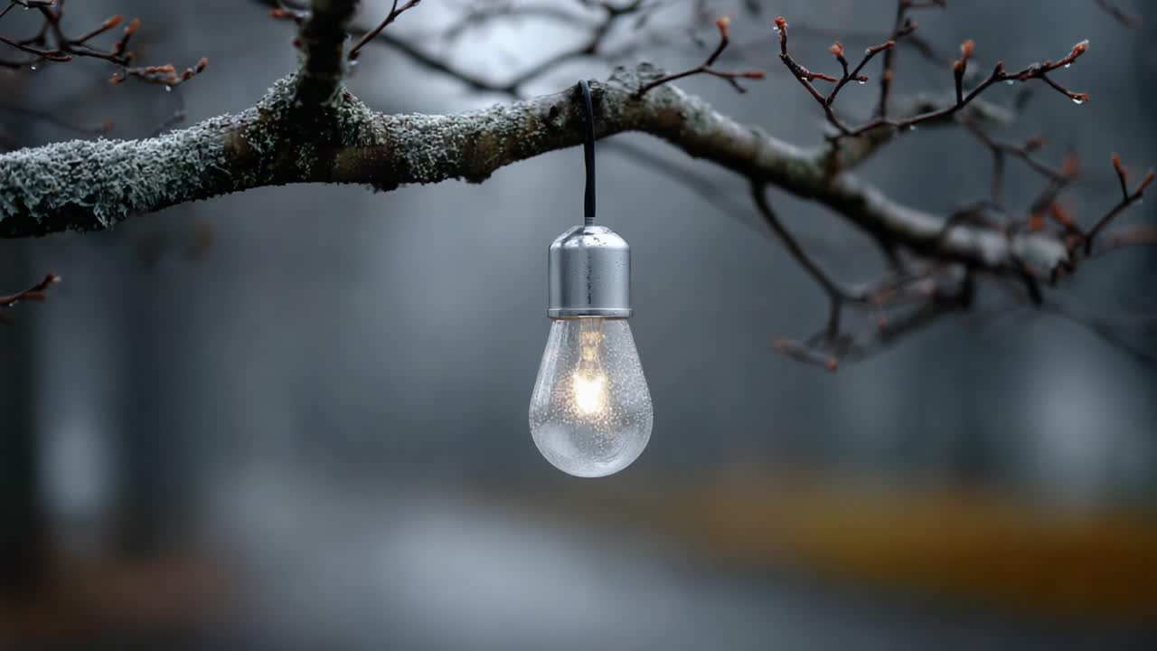 The Transformation of a Single Lightbulb: From Dim to Bright Shadows in a Foggy Forest Setting Surrounded by Dewy Branches and Mysterious Atmosphere