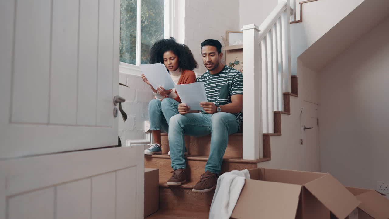 Anger, couple in home with documents for debt