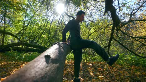 young man jumping over a tree trunk in the forest during fall season- slow motion