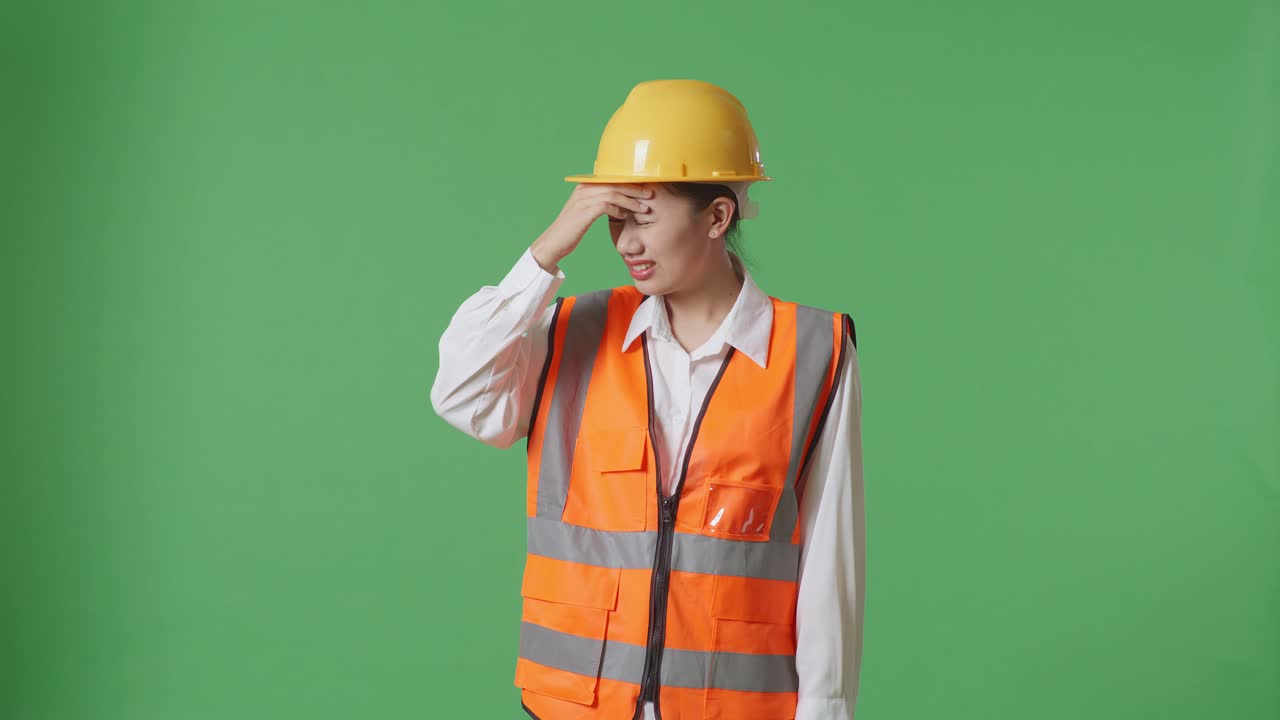 Asian Female Engineer With Safety Helmet Having A Headache While Working In The Green Screen Background Studio