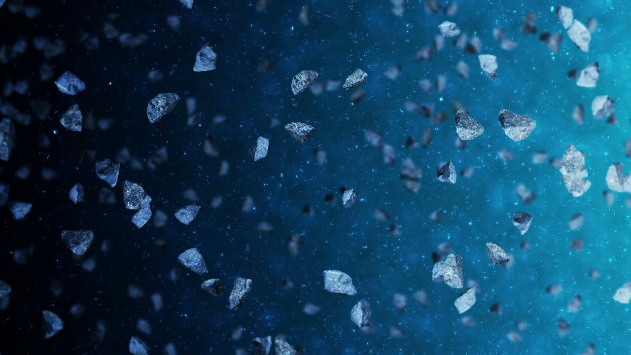 깊은 우주 배경에서 많은 소행성을 날아. 깨진 스플래시 폭발. 별빛 하늘. 돌고 있는 운석의 3d 애니메이션. 루프 애니메이션.