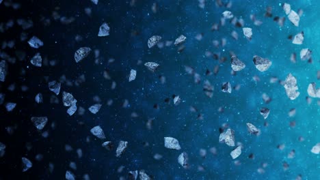 volando muchos asteroides en el fondo del espacio profundo. explosión de salpicaduras rotas. el cielo estrellado. animación 3d de meteoritos girando. animación de bucle.