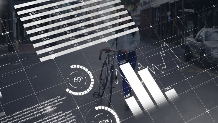 Midadult woman walking with bike on street, data overlay sliding, over her, showing finance charts