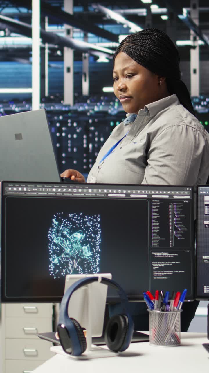 Vertical Video Portrait Of Joyous Server Hub Technician Using Ai Visualization Insights