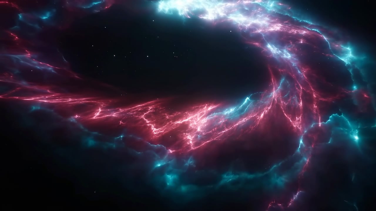 Nebulosa cosmica circolare composta da dense nubi di filamenti ciano e magenta che circondano un profondo vuoto indaco-nero, con un brillante punto luce blu-bianco in alto a destra e una foschia luminosa a strati attraverso un drammatico scenario.