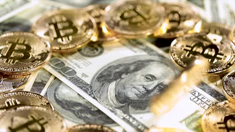 gold bit coin btc coins and dollar bills.