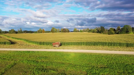 Traktoranhänger-Vor-Goldenem-Maisfeld,-Luftwagen-In-Richtung-Gewitterwolken