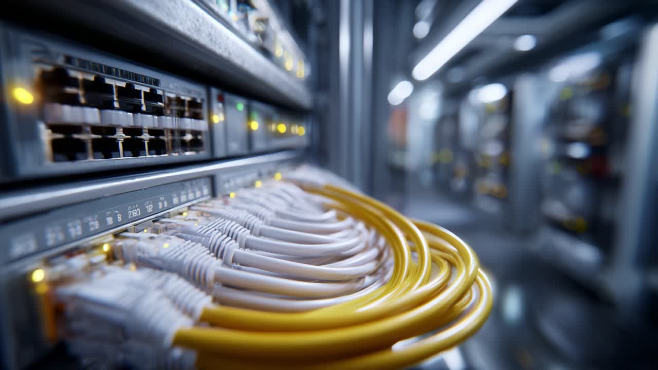 Close-Up of Network Cables Connected to a High-Density Data Center Switch, Showcasing Modern Connectivity and Efficient Data Transmission Systems