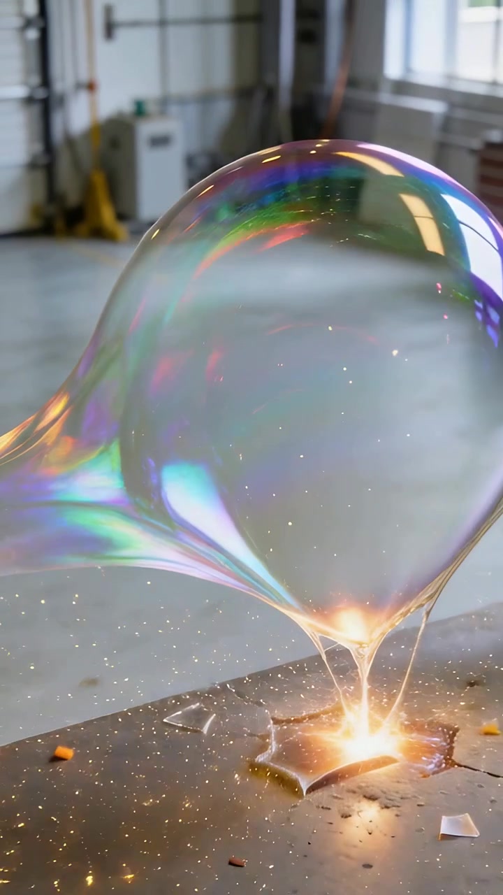 Vidéo verticale : Bulle de savon bombée posée sur un établi d'atelier au-dessus d'un motif en étoile, des étincelles provoquant son éclatement.