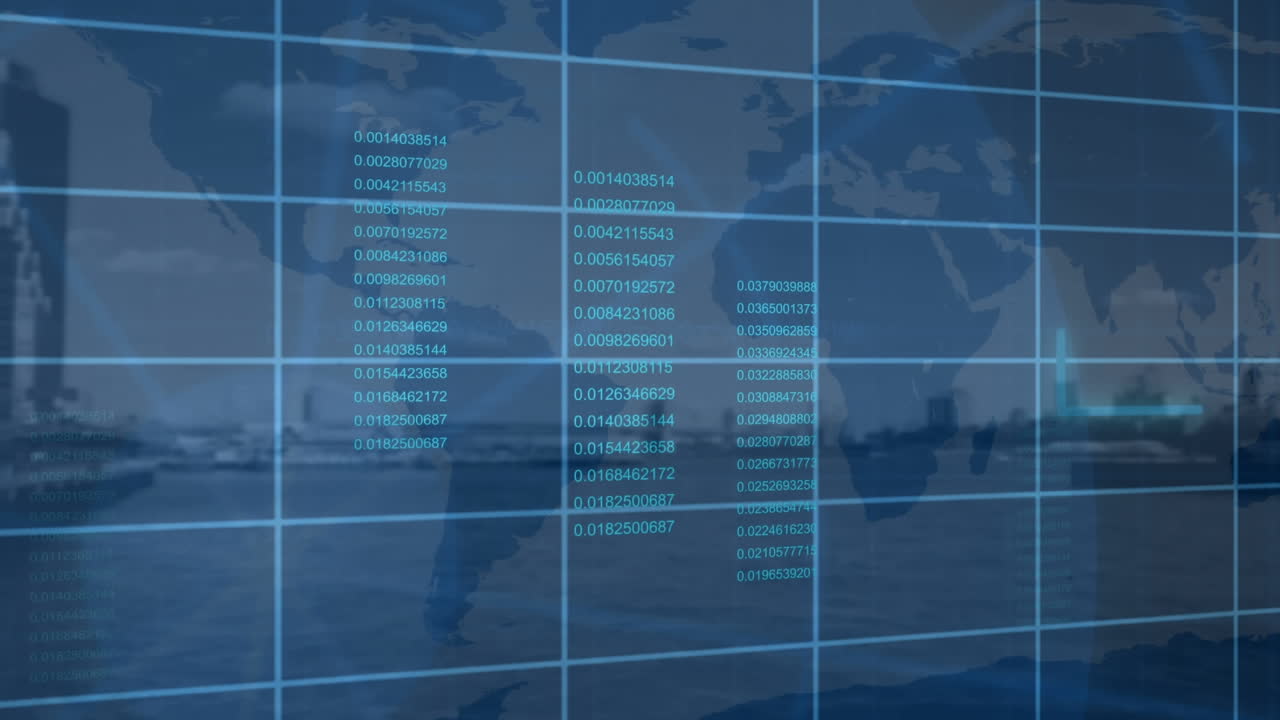 procesamiento de datos y red de cuadrícula sobre el mapa del mundo y el globo contra el paisaje urbano