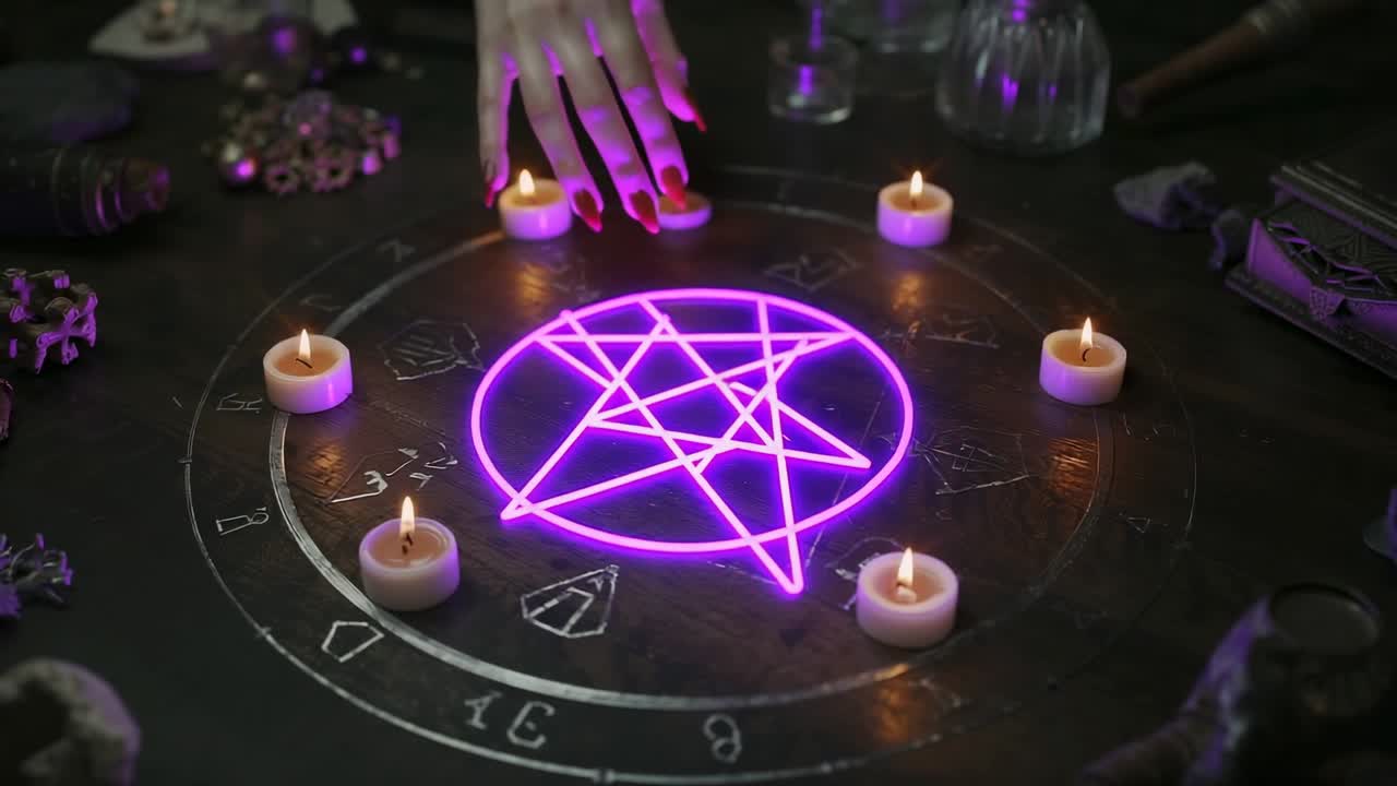 Pressing tattooed hand in sleeves tracing pentagram on altar with lit candles, emitting purple glow