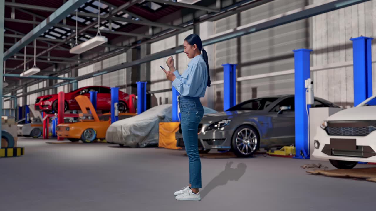 Vista lateral de corpo inteiro de uma mulher asiática com o celular em uma oficina de conserto de carros. Ela levanta o punho e grita "Gol!"