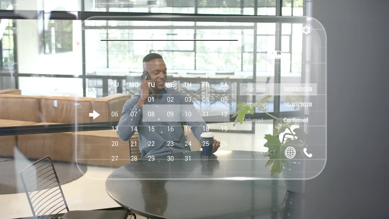 Man taking office call, holding cell, seeing calendar overlay, picking mug, sipping, leaning back