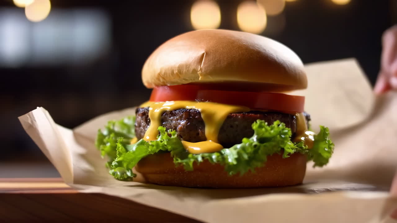 A Close-up of a Delicious Cheeseburger with Melted Cheese and Fresh Vegetables