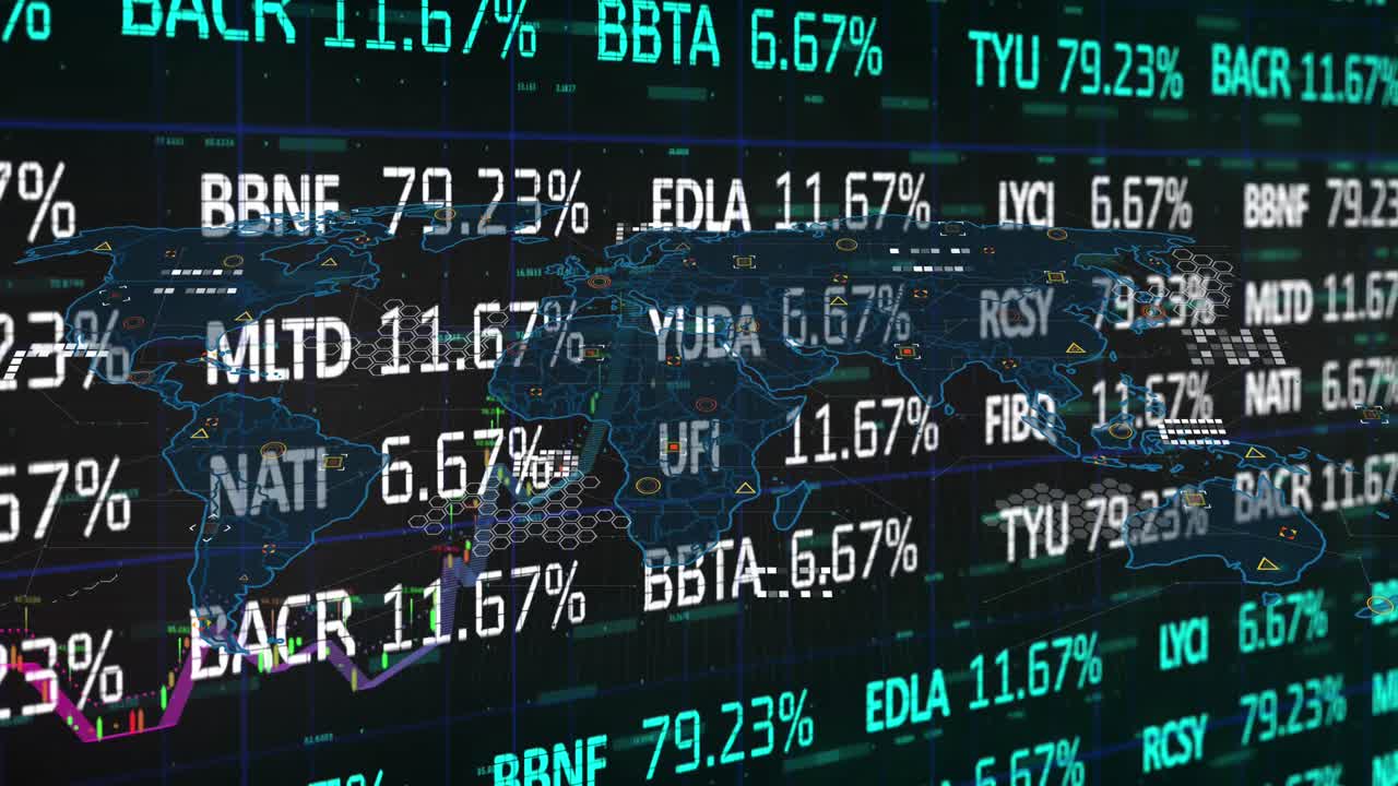 Animation of data processing and stock market over world map on black background
