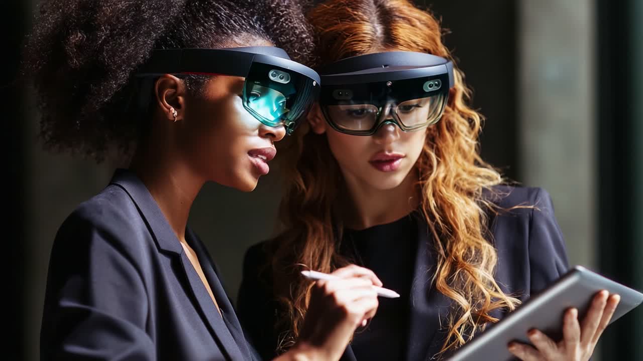 Two Women Collaborating Using Augmented Reality Glasses in a Modern Office Environment, Engaged in Discussion Over a Tablet with Innovative Technology Displayed