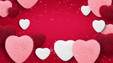 loop video.copy space centre. puffy red hearts fly on red background