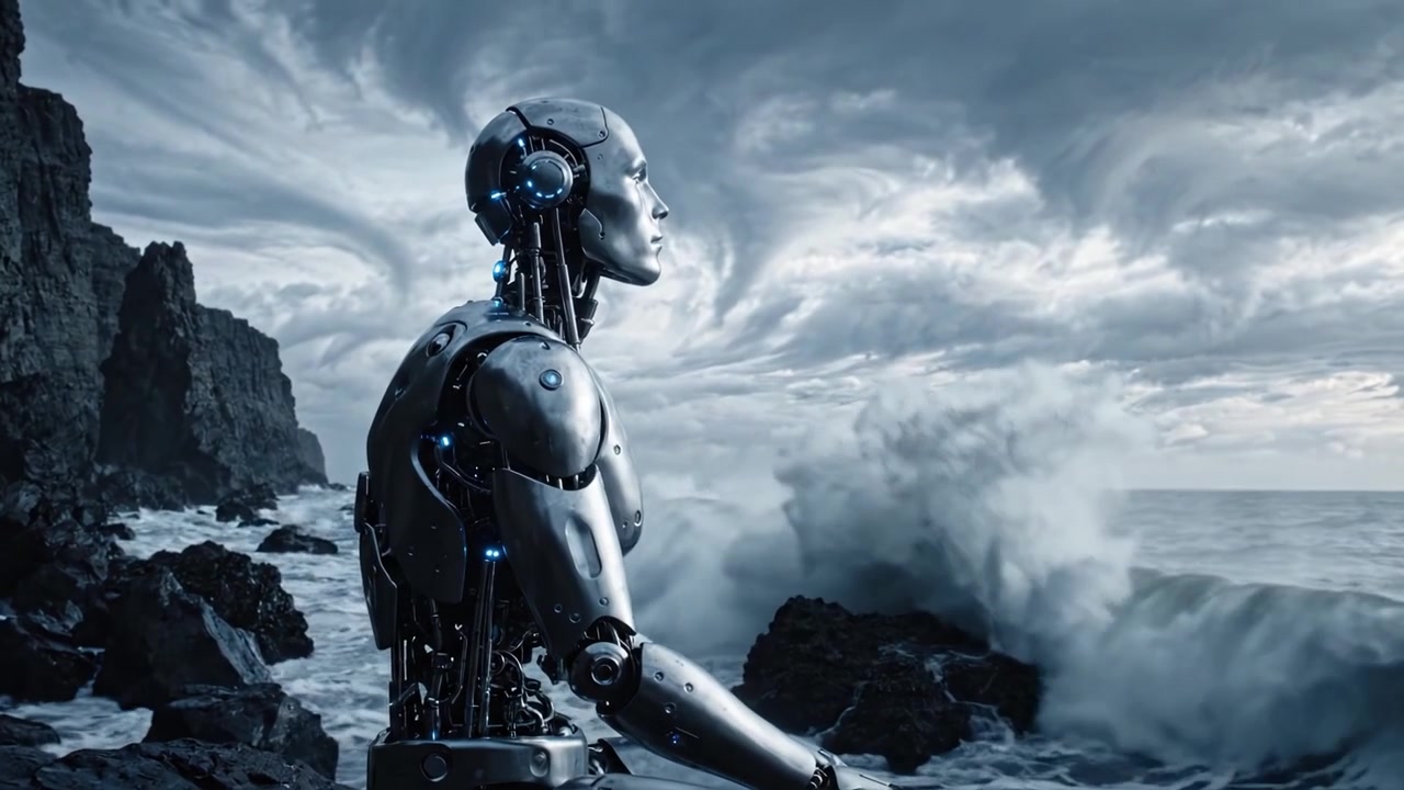 Un robot solitario sentado junto al mar turbulento, contemplando su existencia entre cielos oscuros y tormentosos y olas rompiendo en un paisaje futurista