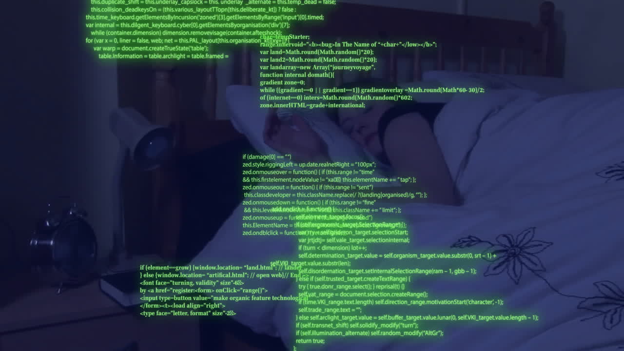 Animation of data processing over caucasian woman sleeping in bed