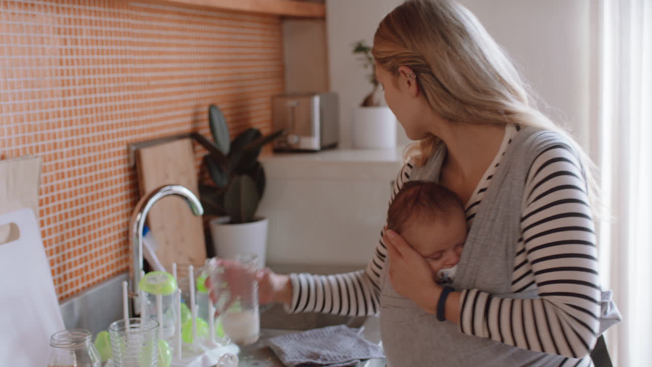 madre joven sosteniendo al bebé dormido en casa limpiando la cocina trabajando en las tareas domésticas madre disfrutando de la responsabilidad de la maternidad cuidando al niño