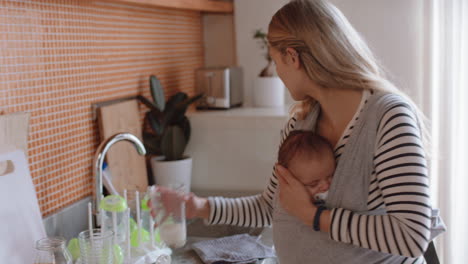 young mother holding sleeping baby at home cleaning kitchen working househould chores mom enjoying motherhood resposibility caring for child