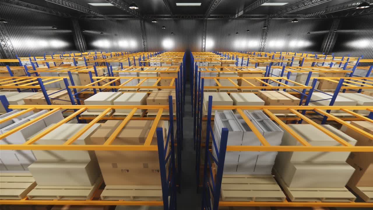 almacén con cajas de cartón en el interior en estantes de paletas, centro logístico. loft almacén moderno. cajas de cardboard en una cinta transportadora en un almacén, animación de renderización 4k 3d.