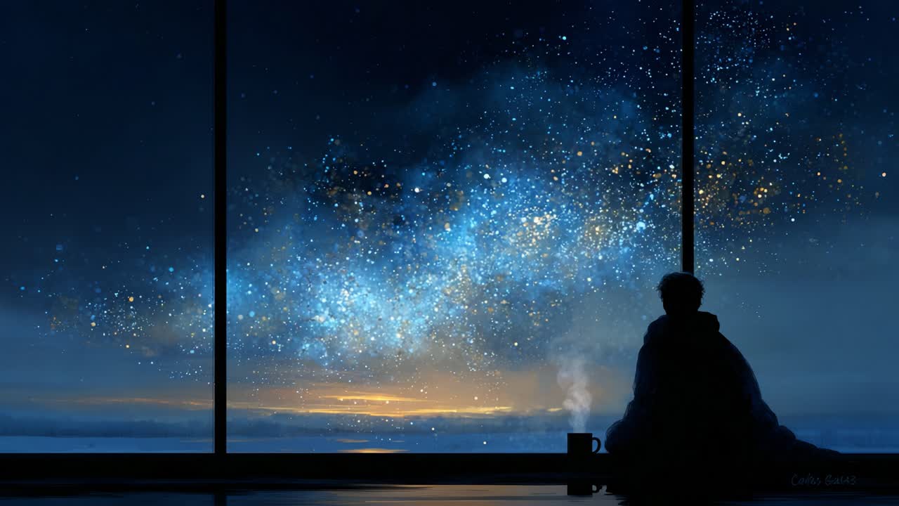 A Solitary Figure Gazes Out at a Starry Night Sky Filled with a Brilliant Milky Way and Distant Galaxies, Sipping a Warm Beverage in a Cozy, Reflective Moment