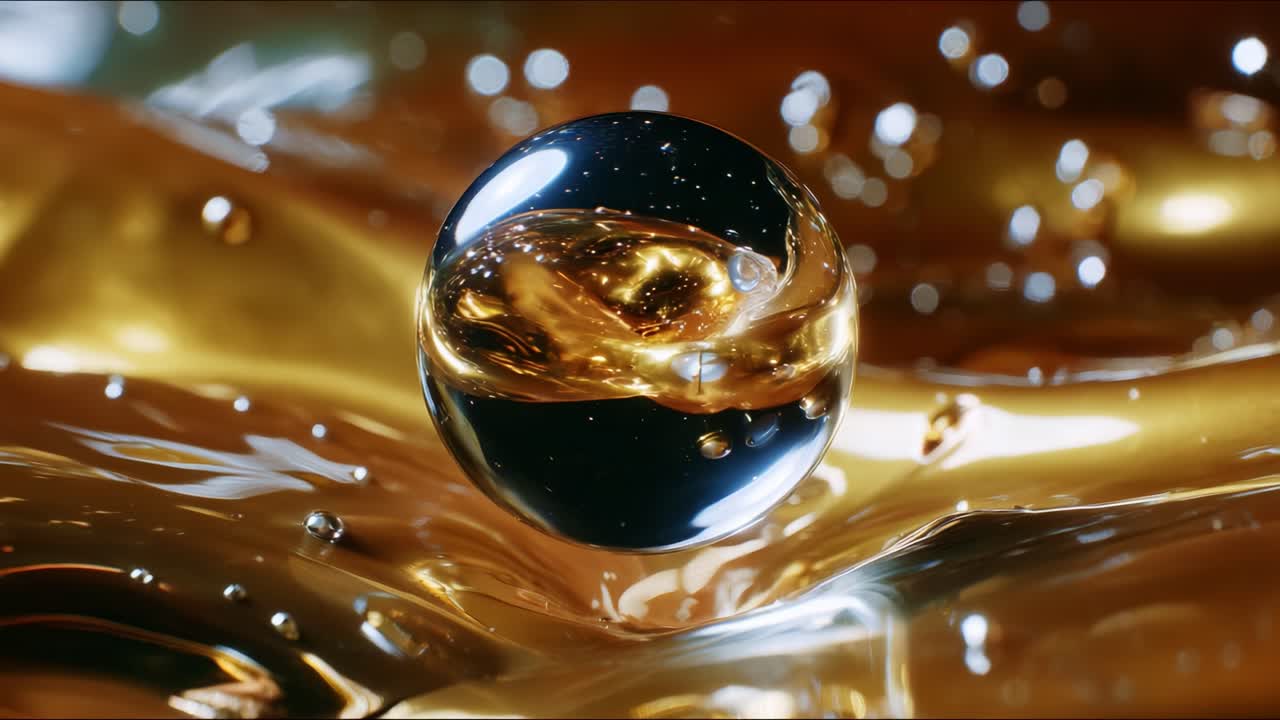 Captivating Close-Up of a Floating Sphere Amidst Glimmering Gold Liquid, Showcasing the Magical Dance of Reflections and Shimmering Bubbles in an Enchanting Visualization of Movement and Depth