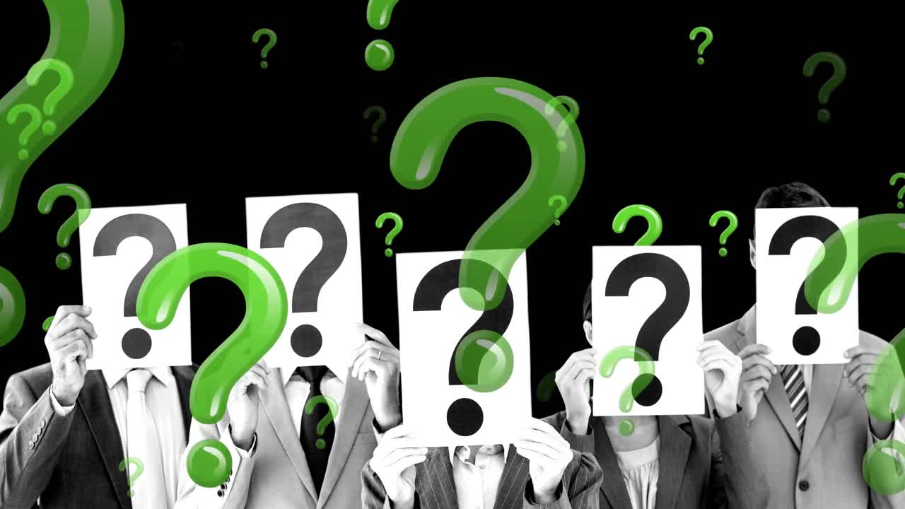 animación de signos de interrogación sobre personas con signos de interrogación en lugar de cabezas