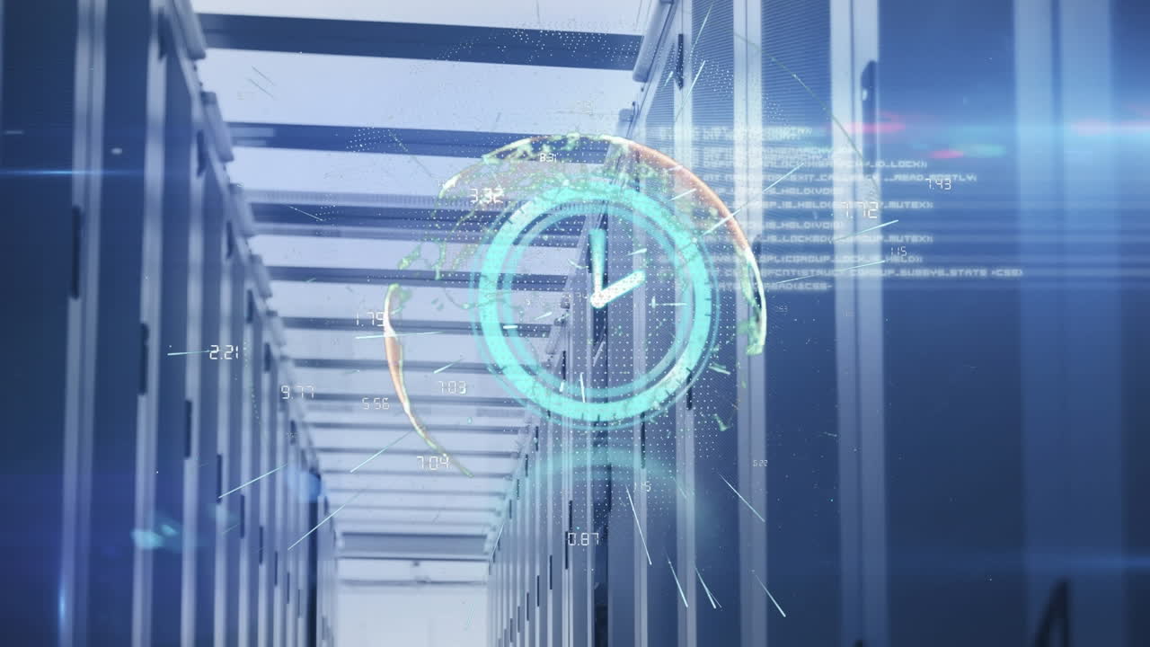 Animation of clock moving fast and data processing over computer servers